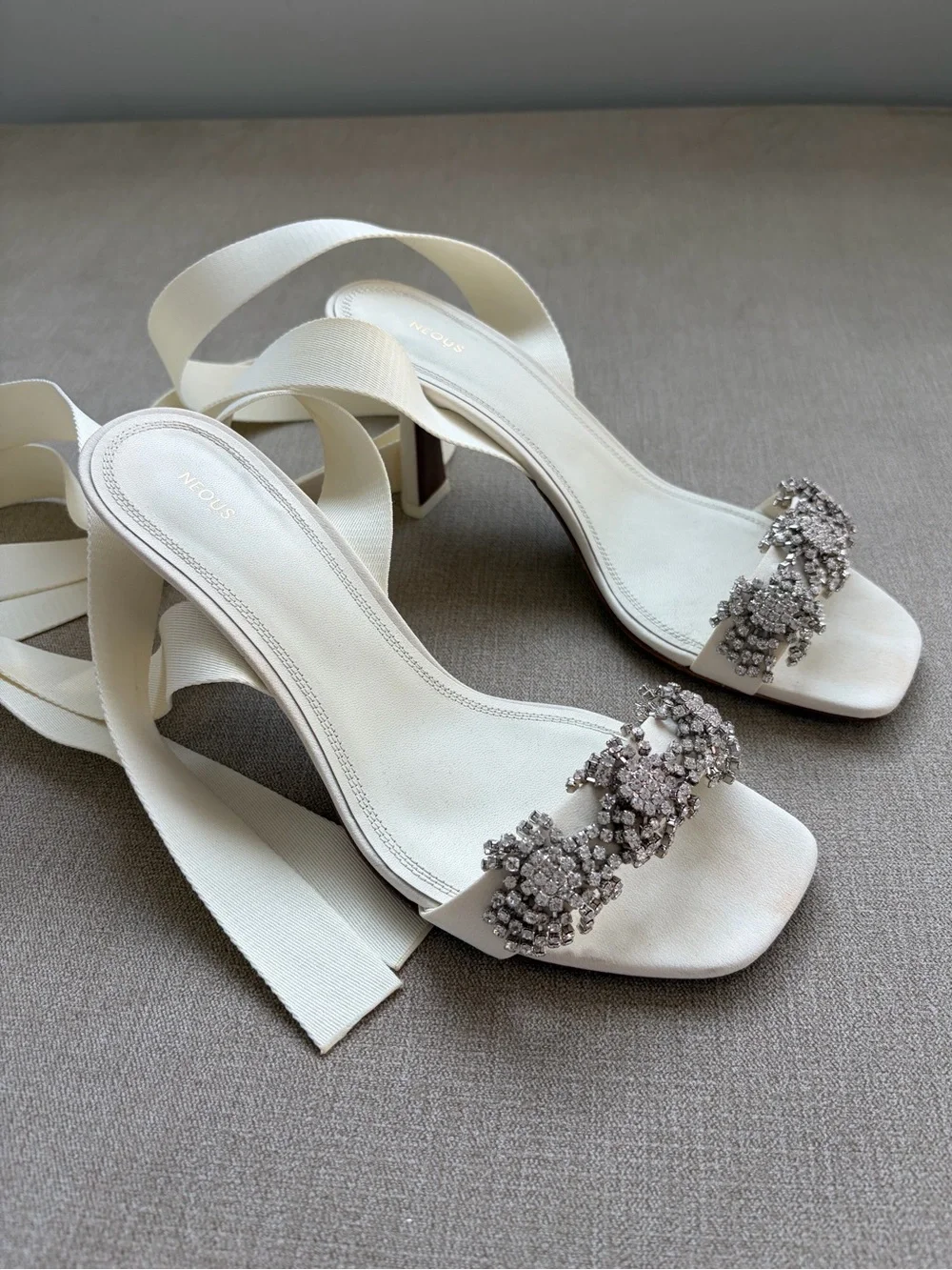 Crystal-Embellished Ivory Ankle-Tie Heels